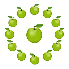 Granny Smith apples in a wheel, fresh, natural, ripe, orchard garden fruit in a circle, isolated on a white background. 