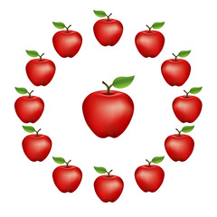 Red Delicious apples in a wheel, fresh, natural, ripe, orchard garden fruit in a circle, isolated on a white background. 
