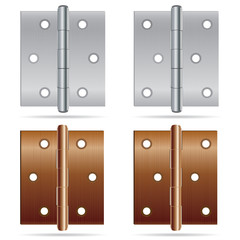 Hinges Design. Stainless steel hinges and bronze color hinges on white background.