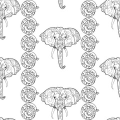 Ethnic Elephants heads seamless monochrome ornamental pattern
