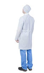 Back view of doctor in robe. Standing young guy. Rear view people collection.  backside view of person.  Isolated over white background.