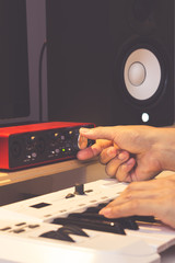 right hand tuning knobs of studio gears, pre-amp, audio interface, effect signal processor for TV...