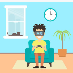 Isolated vr man. Young smiling teen boy or adult man using vr glasses sits on armchair with gamepad. Home entertainment. Augmented reality, new technologies. Video game.
