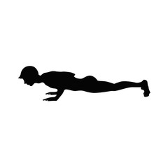 Man doing plank. Black silhouette of a man doing abdominal exercise. Healthy lifestyle. Yoga element.