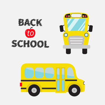 Back to school. Yellow bus set. Cartoon clipart. Transportation. collection. Side, front view. Flat design. Isolated. White background.