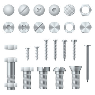 Screws, bolts, nuts, nails and rivets realistic vector design elements