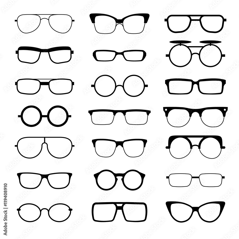 Wall mural sunglasses, eyeglasses, geek glasses different model shapes vector silhouettes icons