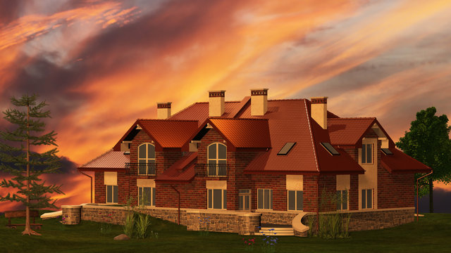 Doppelhaus im Landhausstil vor einem feurigen Abendhimmel