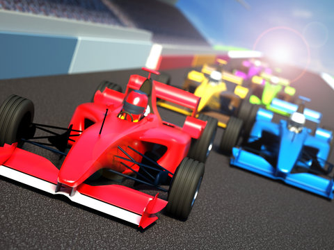 Race cars racing on the track. 3D illustration