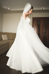 Portrait of beautiful bride with fashion veil at wedding morning.