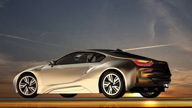 Modernes Sportcoupe vor einem Abendhimmel