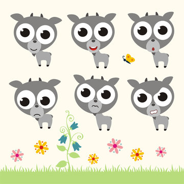 Vector set cute goat. Collection isolated funny goat. Emotion little goat.