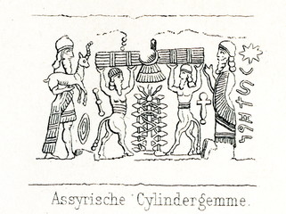 Assyrian cylinder seal - offering sacrifice (from Meyers Lexikon, 1895, 7/286-7)