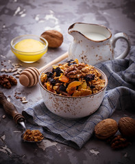 Granola with nuts and dried fruit.