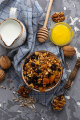 Granola with nuts and dried fruit.