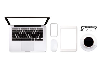 Laptop tablet smartphone eyeglass and coffee on white background