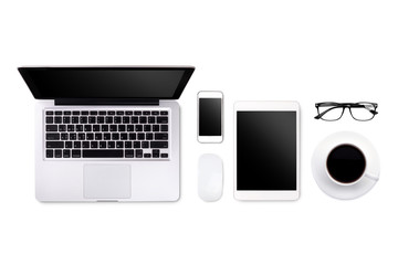 Fototapeta na wymiar Laptop tablet smartphone eyeglass and coffee on white background