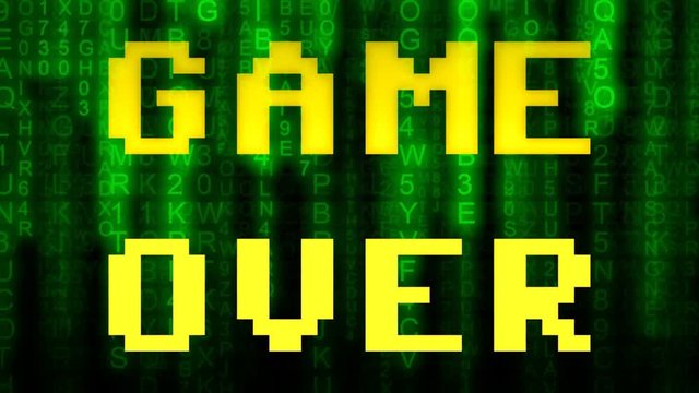 A game over screen, 8 bit retro style, mixed with code rain (random computer symbols falling down, a popular sci-fi movie effect).
