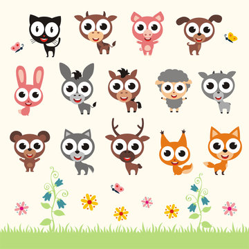 Vector set isolated smile animals. Collection cute animals in cartoon style. Little animals in children's style.