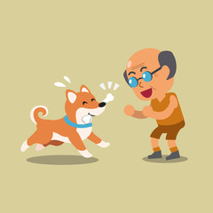 Cartoon a senior man playing with his shiba inu dog