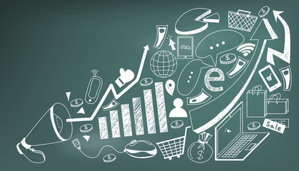 Business media advertising or digital internet marketing handwriting doodle with tool sign and symbol flying from megaphone announcement in blackboard background, used for advertisement (vector)