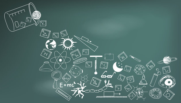 Physics, chemistry, biology and astronomy science doodle handwriting theory and tool icon pouring from lab beaker bottle in blackboard background paper used for school education decoration (vector)