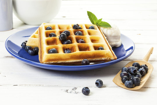 Belgian Waffles, Blueberries And Vanilla Ice Cream