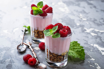 Dessert with granola, yogurt and raspberry