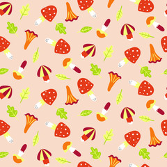 Seamless pattern with different mushrooms