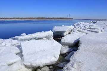 Floating of ice on the river