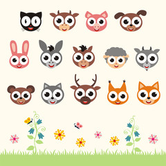 Big vector set animal faces. Collection of cute baby animals in cartoon style. Isolated smiling animals.