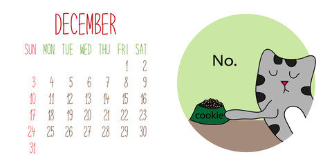 Cute childish 2017 calendar page with funny hand drawn cartoon character of cat and food