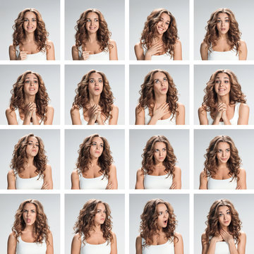 The collage from different woman emotions on gray background