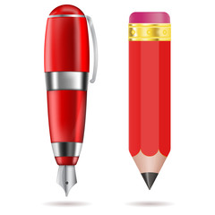 Fountain pen and pencil. Red writing tools