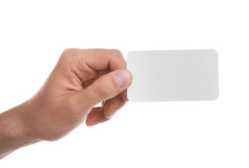 Fototapeta premium Man hand with white blank card, isolated on white