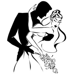 Wedding couple, happy bride and groom, monochrome silhouette, vector