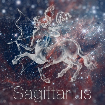 Astrological zodiac sign - Sagittarius. Vintage astrological drawing. Galaxy sky on the background. Can be used for horoscopes. Elements of this image furnished by NASA.
