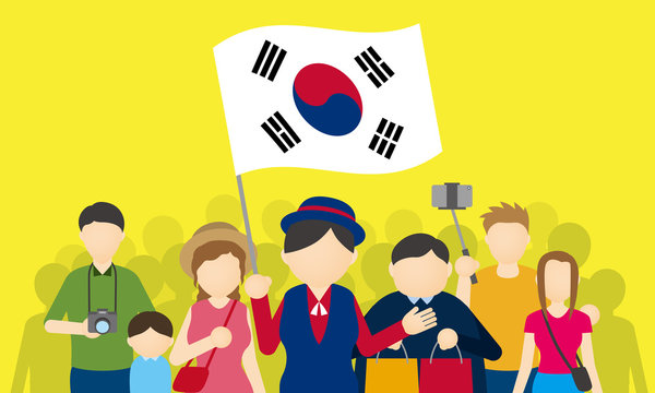 South korean tourists and tour guide, Inbound tourism, vector illustration