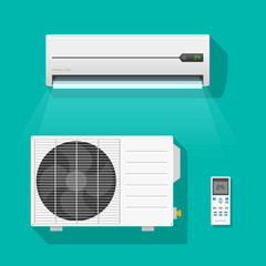 Air conditioner vector set isolated on green color background, flat air conditioning unit system and remote control icons