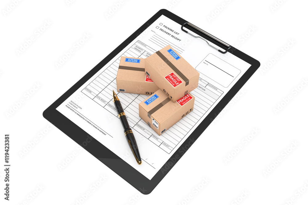 Poster Cardboard Parcel Package over Delivery Note. 3d Rendering