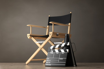Fototapeta premium Director Chair, Movie Clapper and Megaphone. 3d Rendering