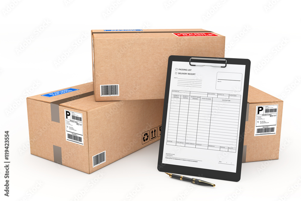 Poster Cardboard Parcel Package with Delivery Note. 3d Rendering