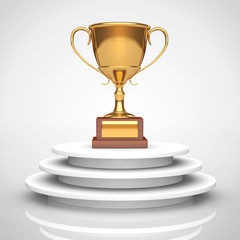 Golden Trophy over Podium. 3d Rendering
