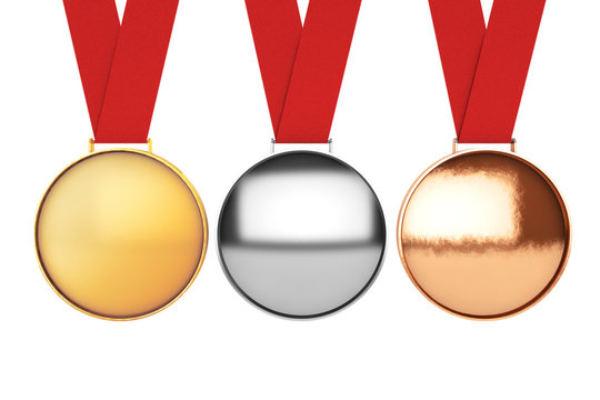 Medals Set. Gold, Silver and Bronze Medal. 3d Rendering