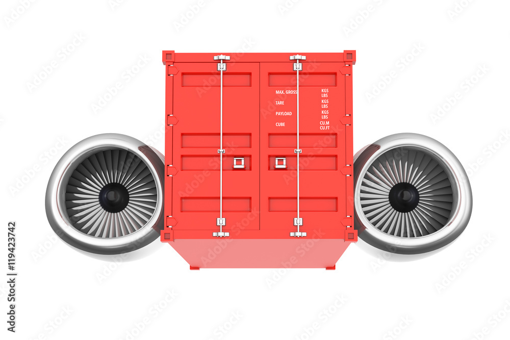 Poster aircraft jet engine with shipping container. 3d rendering