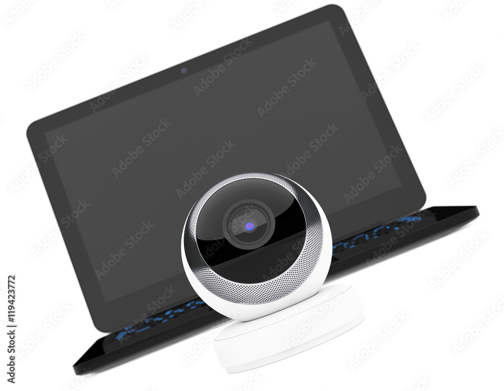 Leinwandbilder white spherical web camera in front of laptop. 3d rendering