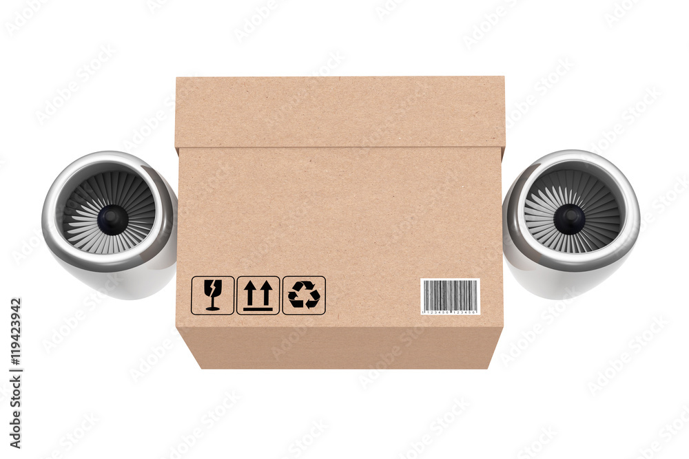 Poster aircraft jet engine with express delivery box. 3d rendering