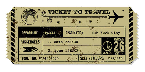 Vintage grungy airplane ticket. Travel concept.