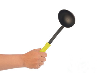 hand hold kitchen utensils on white ,selective focus