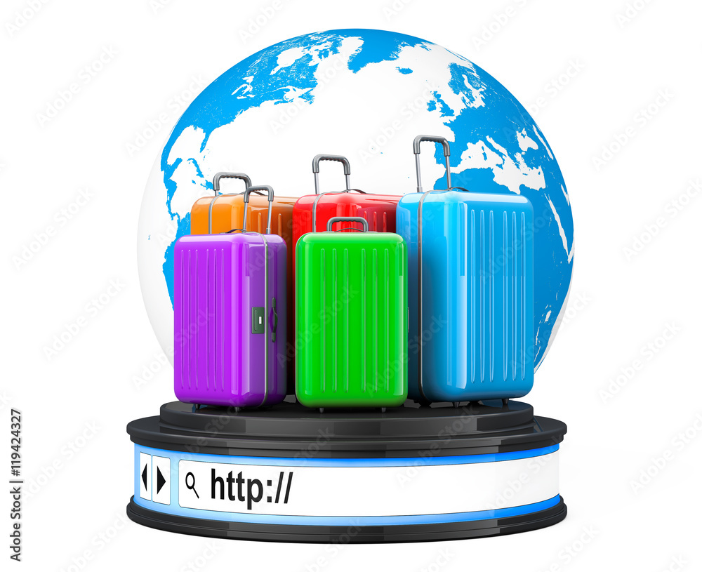 Poster earth globe with suitacases over browser address bar as round pl